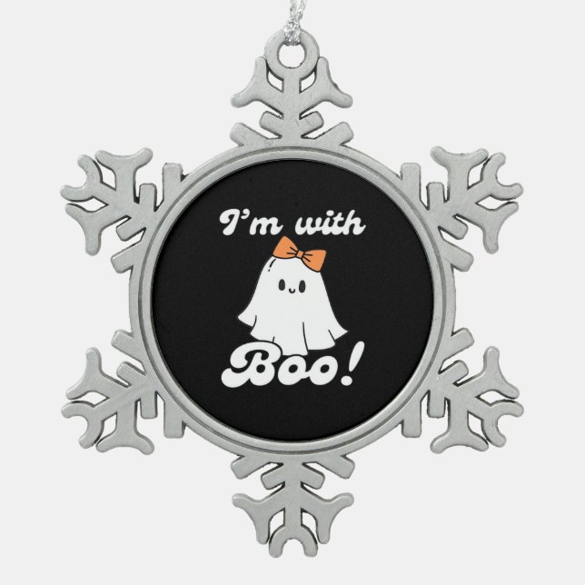I’m With Boo Funny Retro Snowflake Pewter Christmas Ornament (Front)