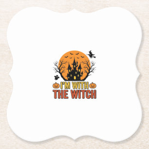 I’m With The Witch Vintage Halloween Castle Design Paper Coaster