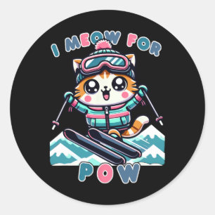 I Meow For Pow Funny Kawaii Cat Skiing Cool Anime Classic Round Sticker