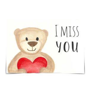 "I Miss You" Bear with Heart Watercolour Card