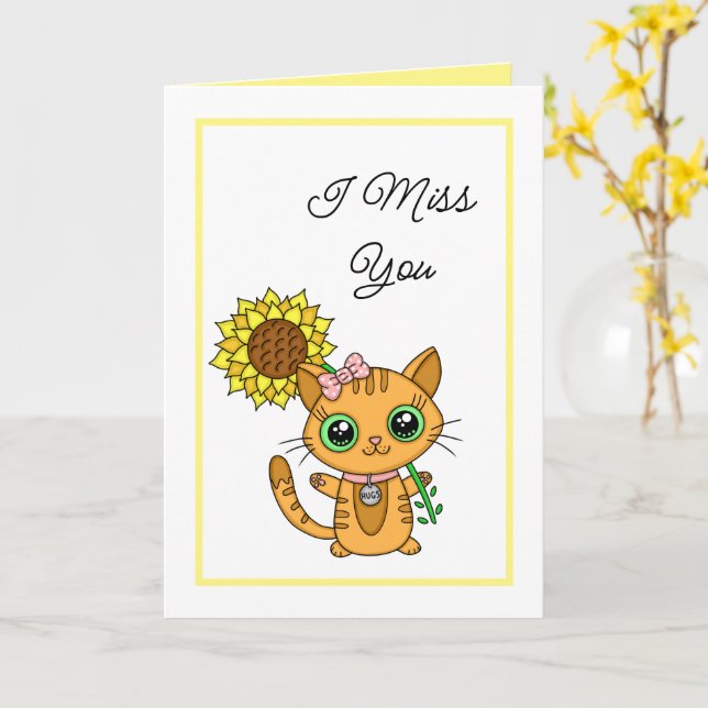 I Miss You | Cute Cat and Sunflower Card (Yellow Flower)
