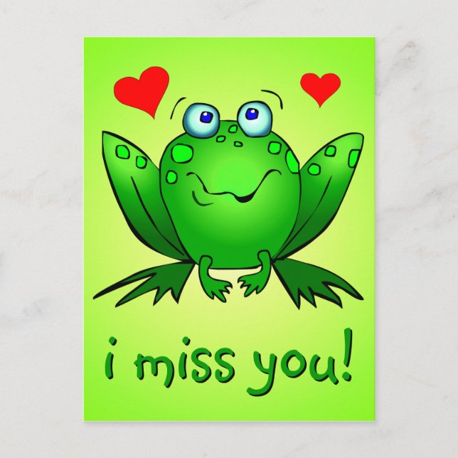 I Miss You Cute Green Frog Hearts Postcard (Front)