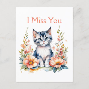 I Miss You   Grey Kitten in Pink Flowers Postcard