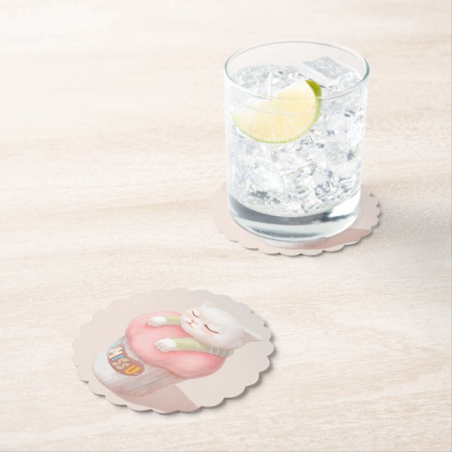 I Miss You: Kawaii Sleeping Cat Cupcake Art Paper Coaster (Insitu)
