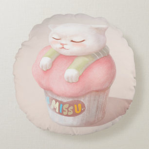 I Miss You: Kawaii Sleeping Cat Cupcake Art Round Cushion