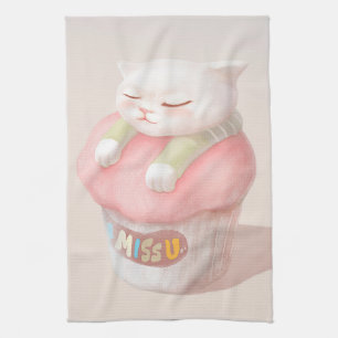 I Miss You: Kawaii Sleeping Cat Cupcake Art Tea Towel