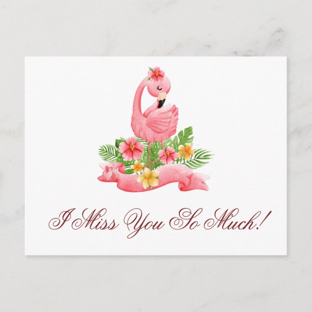 I Miss You So Much Cute Pink Flamingo Floral  Postcard (Front)
