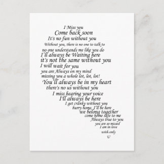 I Miss You Text in Half of Heart Postcard