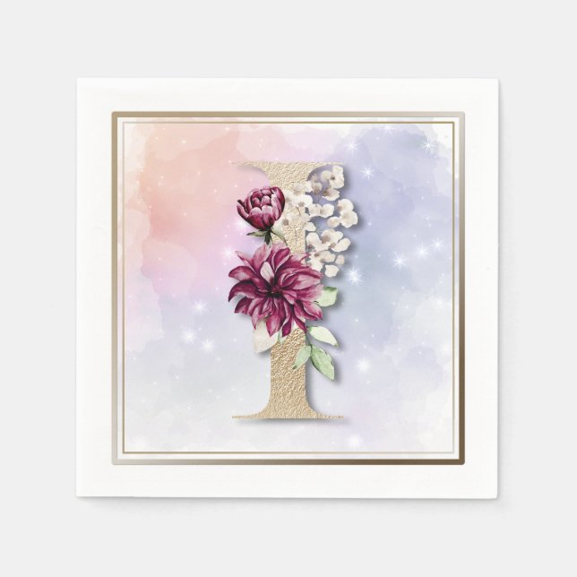 I Monogram Burgundy Floral Napkins (Front)