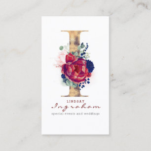 I Monogram Burgundy Gold and Navy Blue Floral Business Card