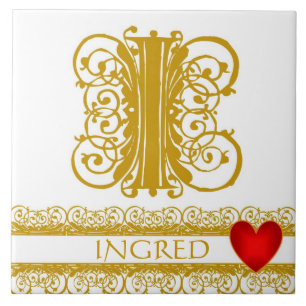 I Monogram Name Gold Lace Red Heart Template Tile