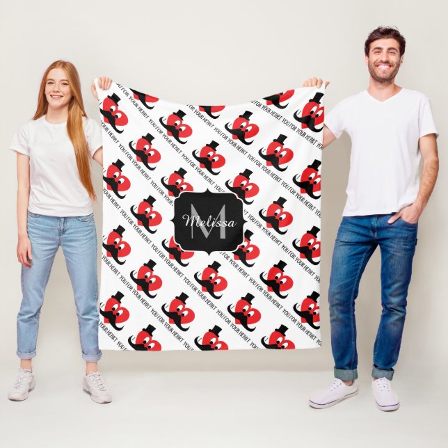 I moustache you your heart Valentines Day Monogram Fleece Blanket (In Situ)