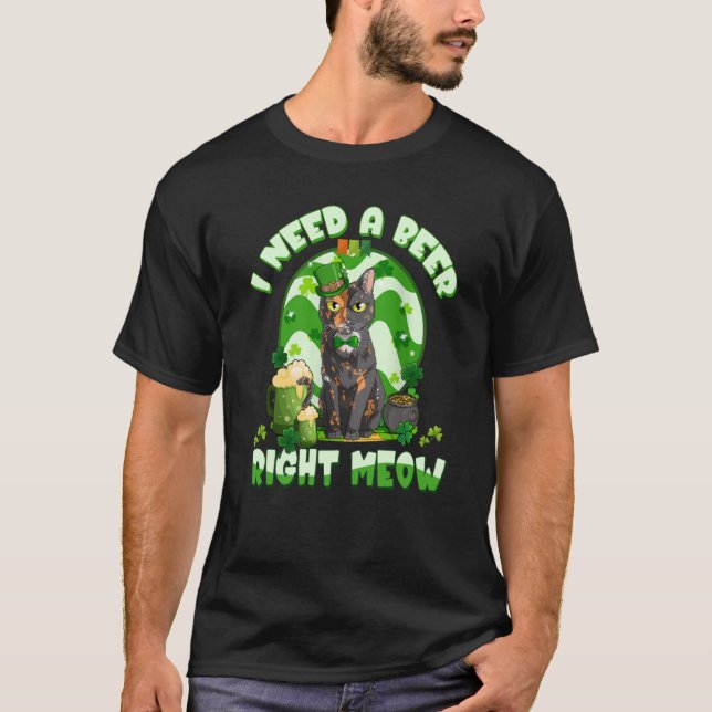 I Need A Beer Right Meow Tortoiseshell Cat Lucky T-Shirt (Front)