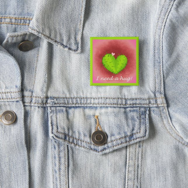 I Need A Hug Heart Cactus 15 Cm Square Badge (In Situ)