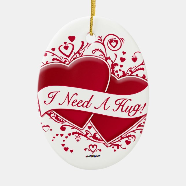 I Need A Hug! Red Hearts Ceramic Tree Decoration (Front)