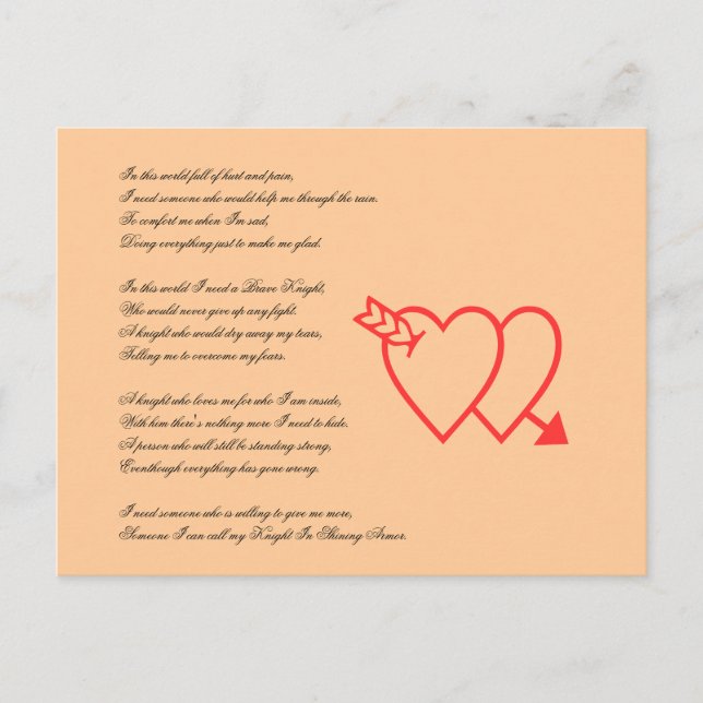 I need a knight Valentines Day Love poem Holiday Postcard (Front)