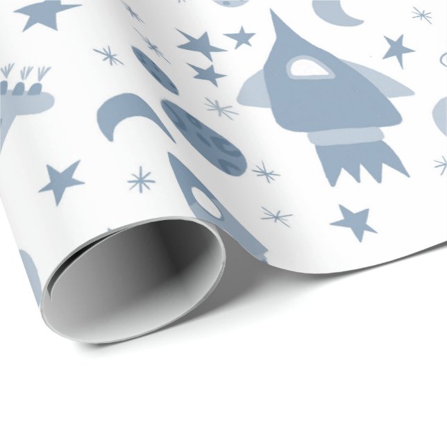 I Need Some Space UFO Planets Rocket Pattern Blue Wrapping Paper (Roll Corner)