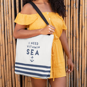 I Need Vitamin Sea Navy and White Nautical Stripe Tote Bag