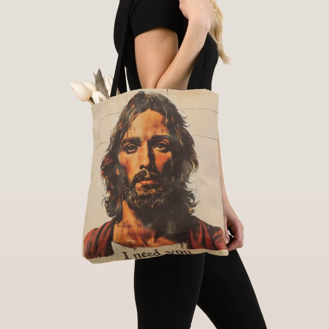 I Need You Retro Christ Tote Bag (Close Up)