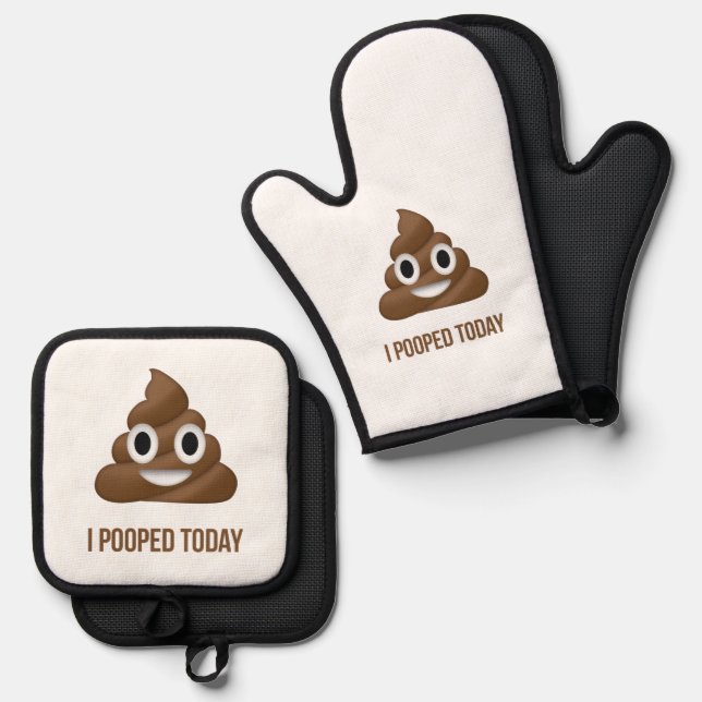 I Pooped Today Funny Emoticon Oven Mitt & Pot Holder Set (Front/Back)