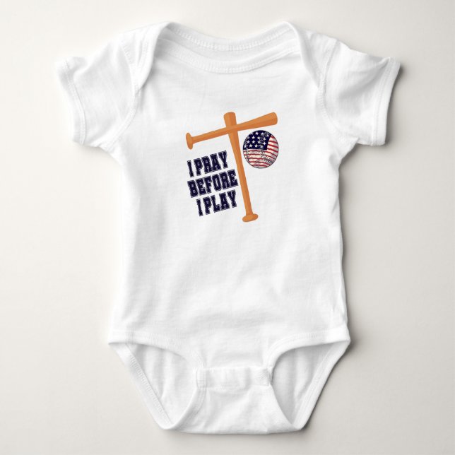 I pray before I play Basebal Game Baby Bodysuit (Front)