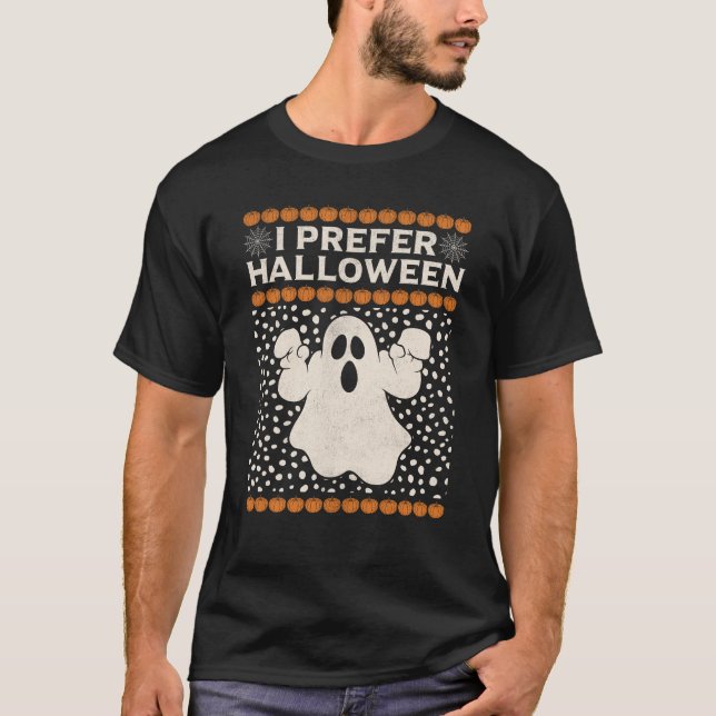 I Prefer Halloween Skeleton Santa Christmas Patter T-Shirt (Front)