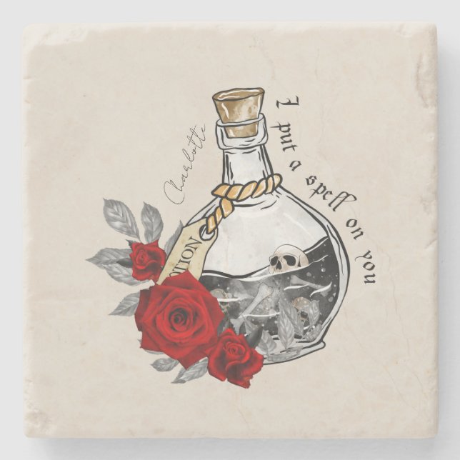 I Put A Spell On You – Love Potion with Skulls Stone Coaster (Front)