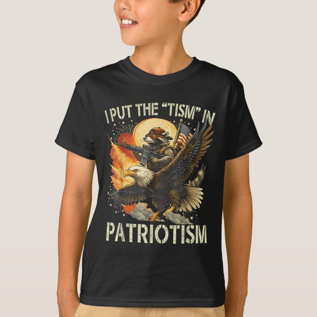 I Put The “tism” In Patriotism Retro Eagle Racoon T-Shirt (Front)