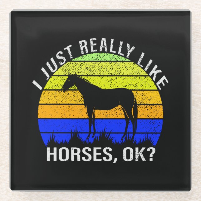 I Really Like Horses in Blue and Yellow  Glass Coaster (Front)