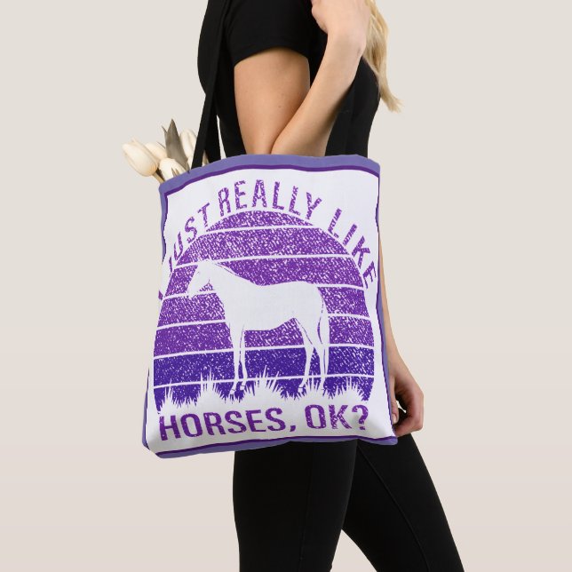 I Really Like Horses in Purple  Tote Bag (Close Up)