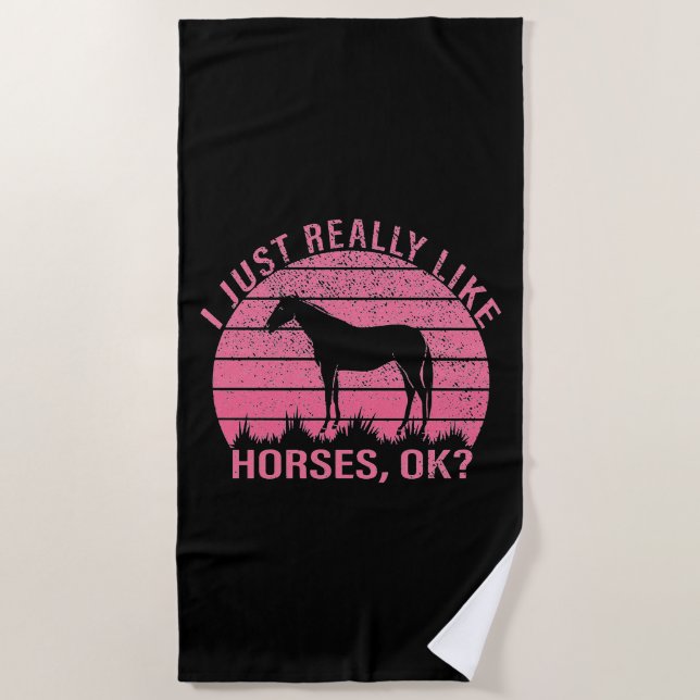 I Really Like Horses in Rose Pink   Beach Towel (Front)