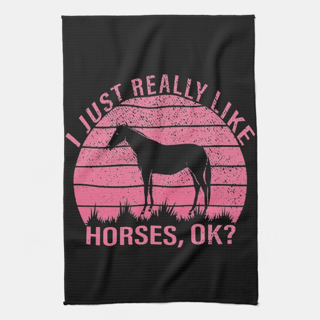 I Really Like Horses in Rose Pink  Tea Towel (Vertical)