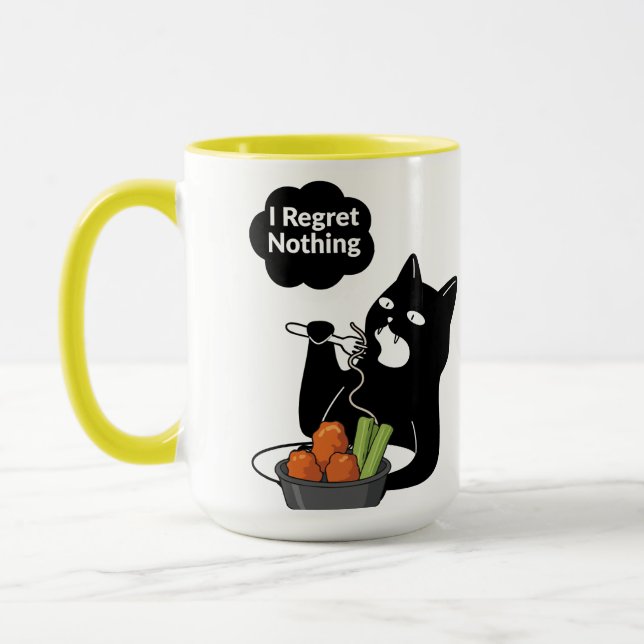 I Regret Nothing” Cat Eating Tea mug (Left)