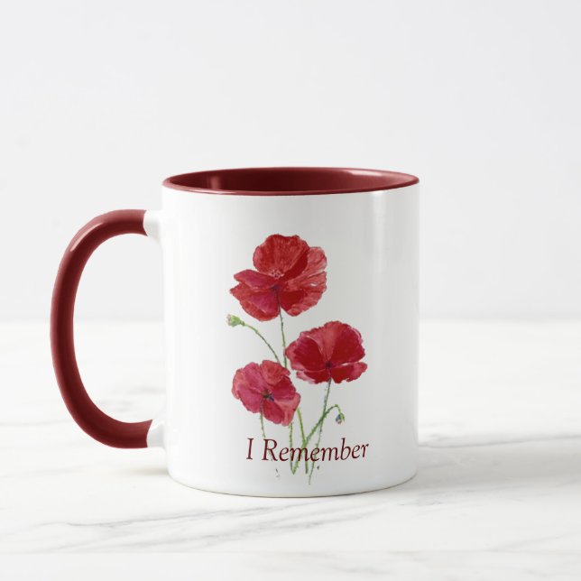 I Remember Red Poppies Watercolor Flowers Mug (Left)