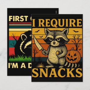 I Require Snacks Funny Halloween Racoon Knife Shi Holiday Postcard