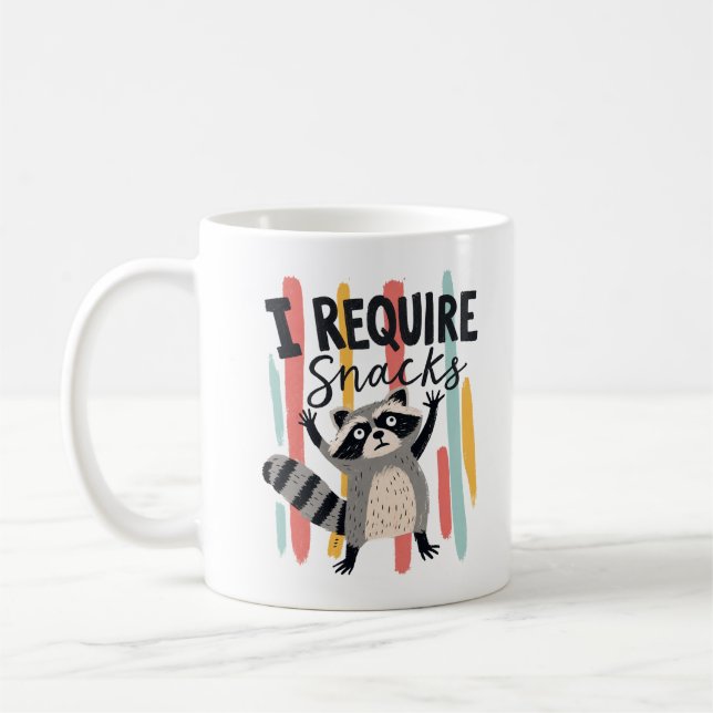 I Require Snacks Funny Racoon Design Coffee Mug (Left)