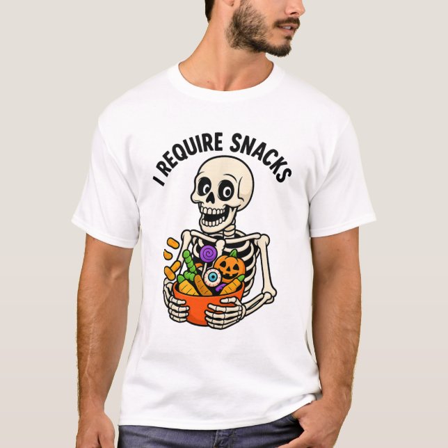 I Require Snacks Funny Skeleton Halloween Meme  T-Shirt (Front)