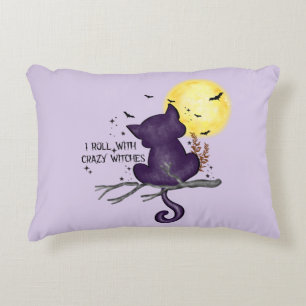 I Roll With Crazy Witches – Black Cat & Full Moon Decorative Cushion
