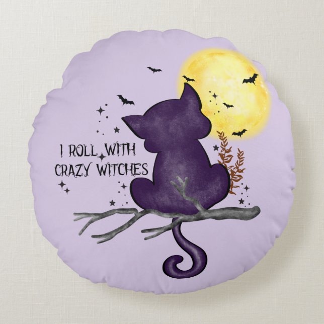I Roll With Crazy Witches – Black Cat & Full Moon Round Cushion (Front)