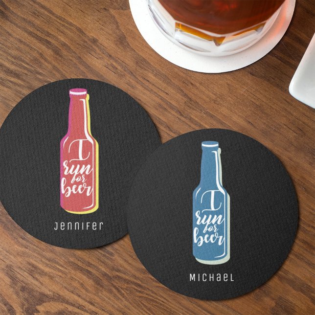 I Run For Beer Fitness Humour Blue Bottle Round Paper Coaster (Creator Uploaded)