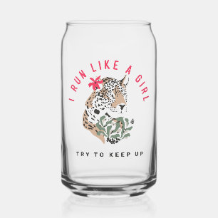 I Run Like A Girl Motivational Red Leopard Graphic Can Glass