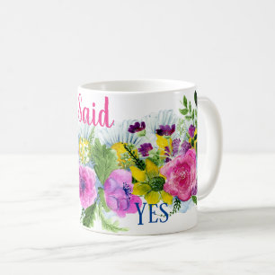 I Said Yes Watercolor Floral Pink and Purple Coffee Mug