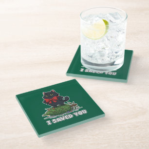 I Saved You" Funny Black Cat Christmas Tree Glass Coaster