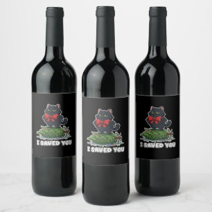 "I Saved You" Funny Black Cat Christmas Tree Wine Label