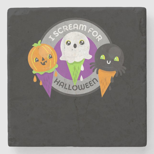 I Scream for Halloween Pumpkin Spider Ghost Stone Coaster (Front)