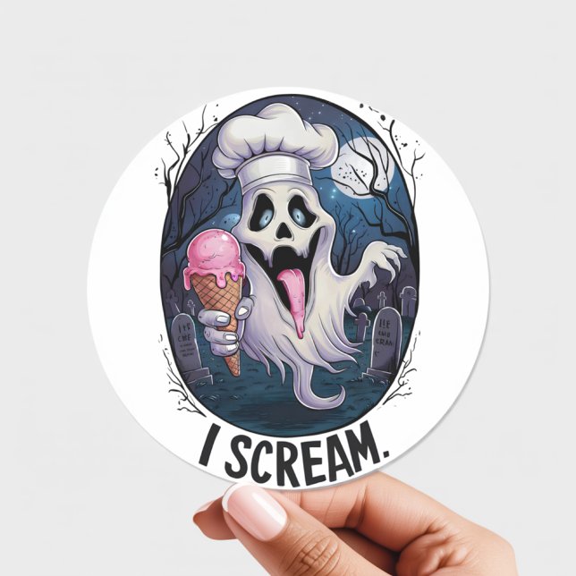"I Scream" Funny Ghost Chef Halloween Ice Cream St Classic Round Sticker (Creator Uploaded)