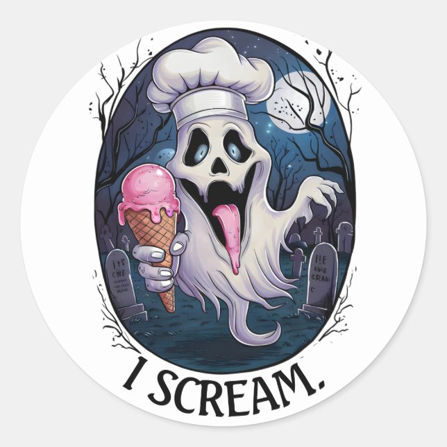 "I Scream" Funny Ghost Chef Halloween Ice Cream St Classic Round Sticker (Front)