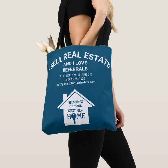 I Sell Real Estate Love Referrals TEAL Realtor Tote Bag (Close Up)