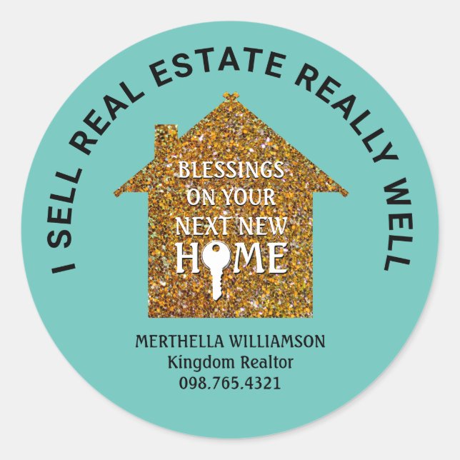 I SELL REAL ESTATE Stylish Teal Glitter Realtor Classic Round Sticker (Front)