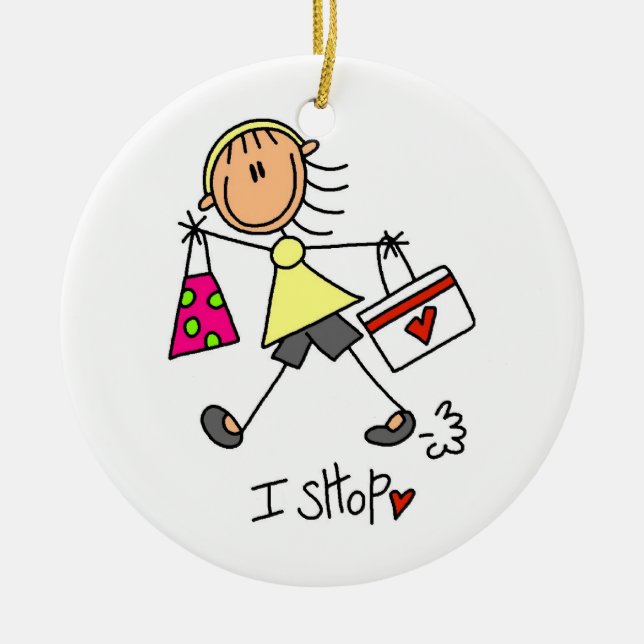 I Shop Stick Figure Girl Ceramic Tree Decoration (Front)